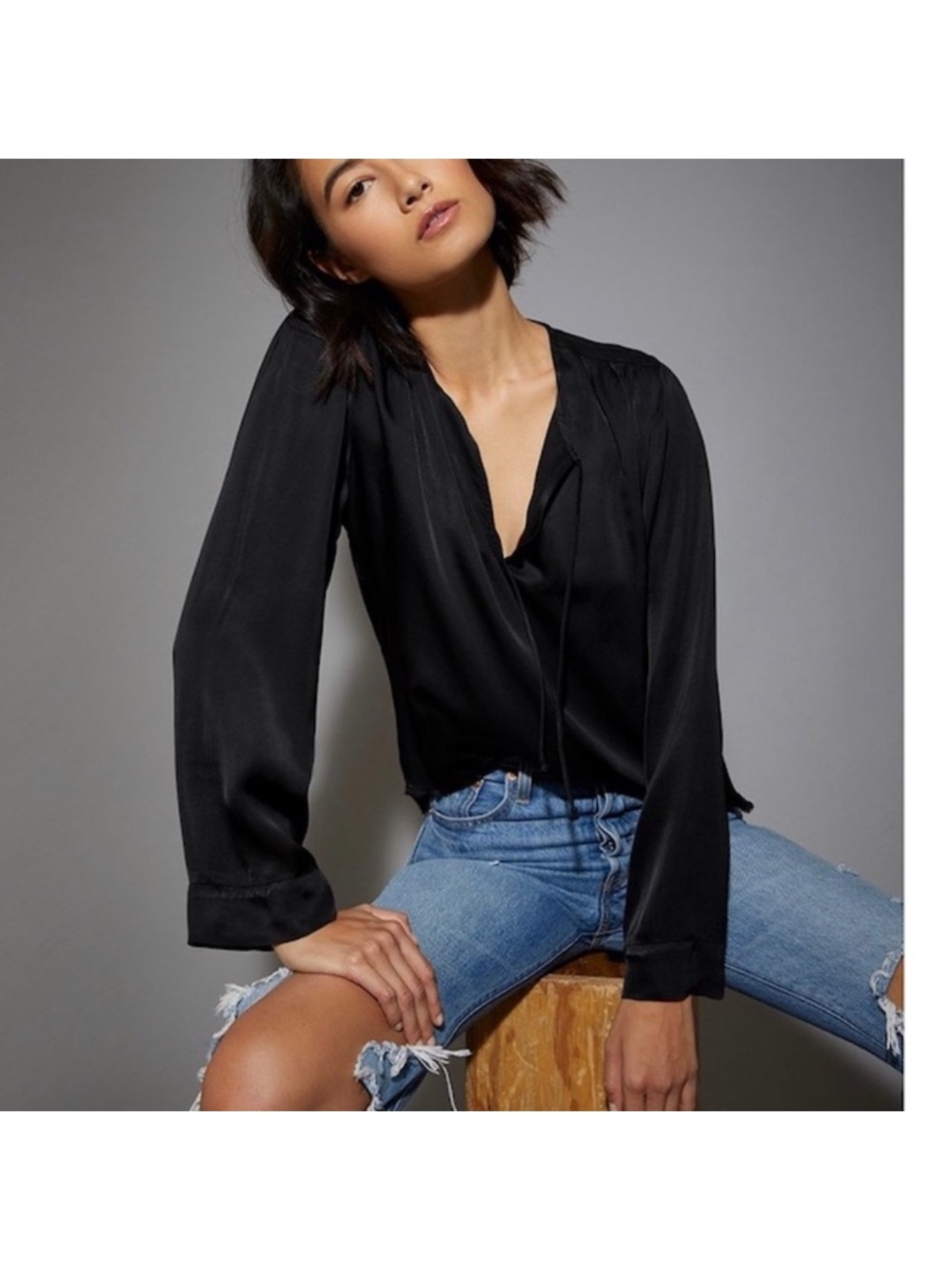 Nation LTD Black Satin Maura Tie Neck Long Sleeve Peasant Blouse Size Small
